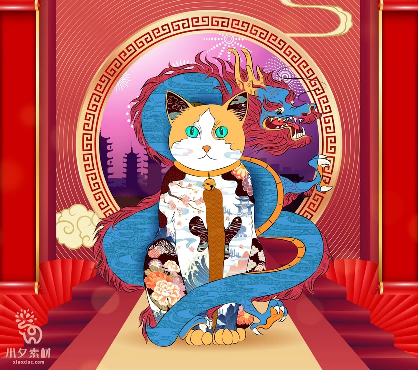 卡通创意趣味日中国风招财猫猫咪元宝新年插画海报AI矢量设计素材【016】